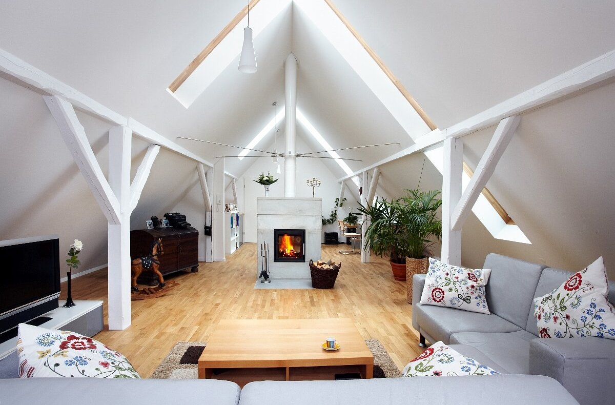 large, attractive attic room with wood-burning fireplace